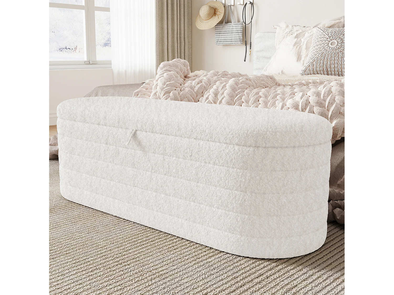 Banc coffre de rangement en Flanelle - 120 x 40 x 40 cm - Blanc