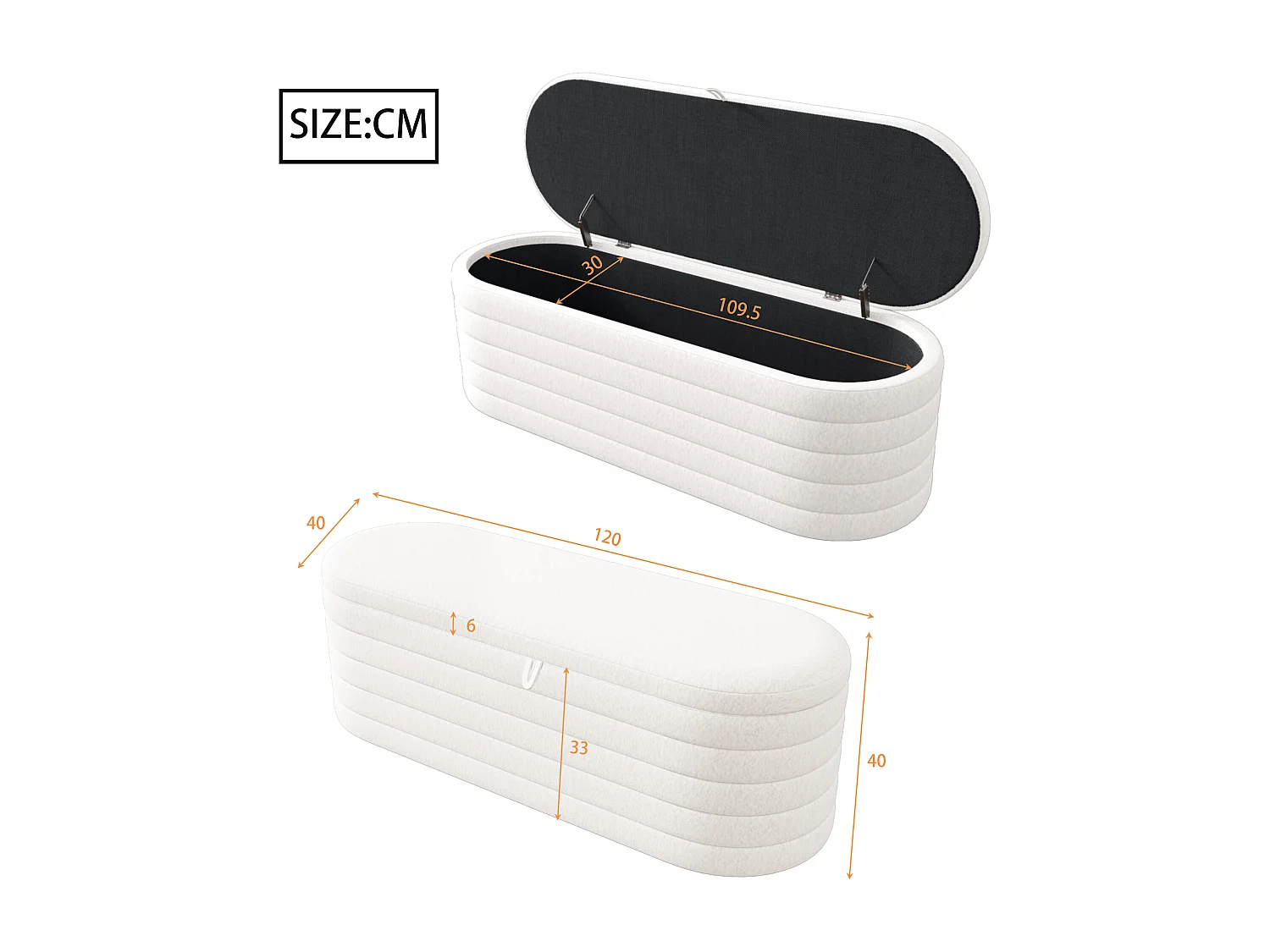 Banc coffre de rangement en Flanelle - 120 x 40 x 40 cm - Blanc