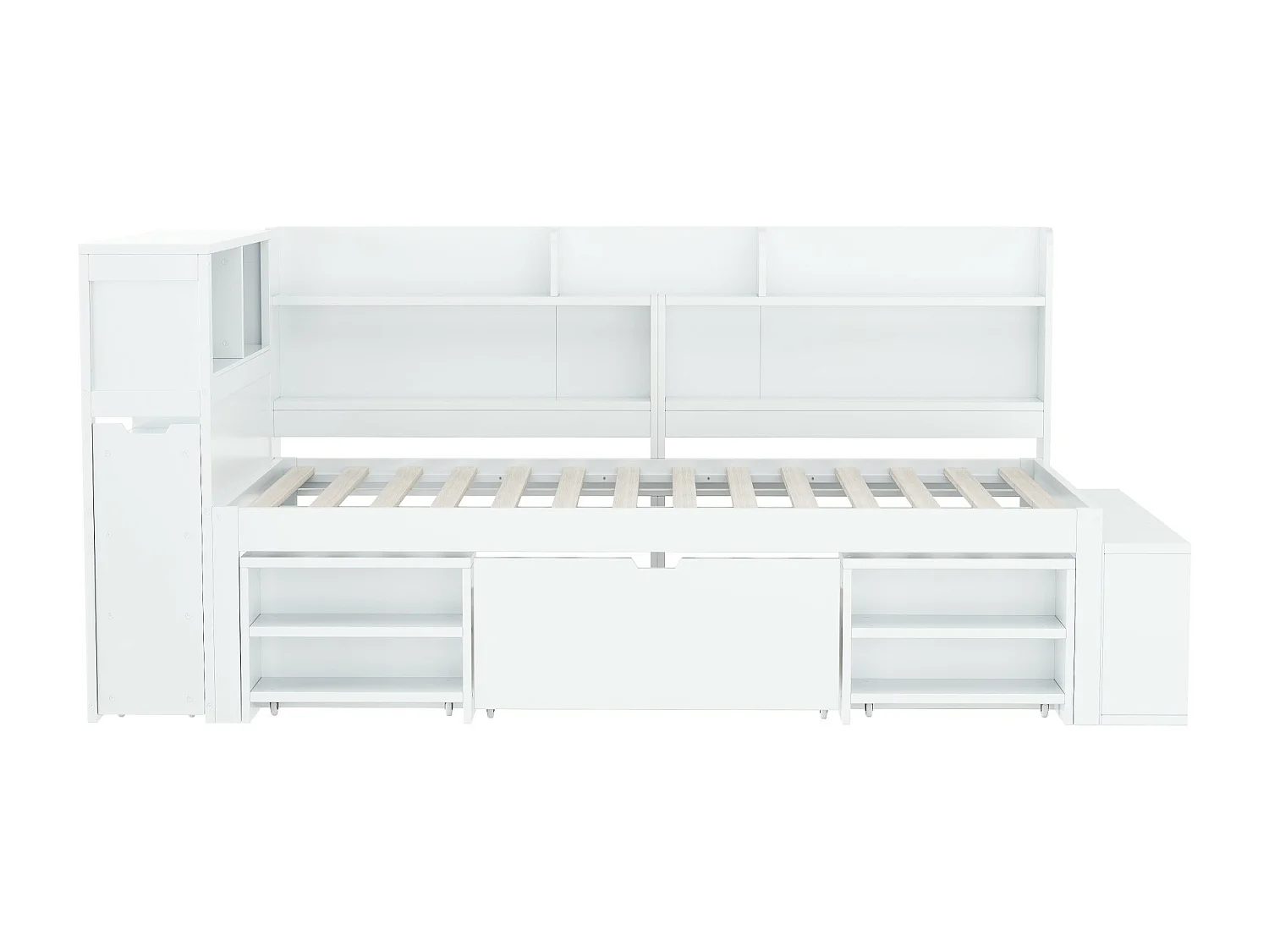 Lit 90 x 200 cm avec compartiments, bibliothèque et 1 tiroir - Contre-plaqué - Blanc (sans matelas)