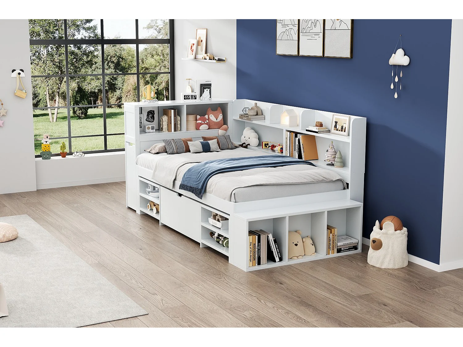 Lit 90 x 200 cm avec compartiments, bibliothèque et 1 tiroir - Contre-plaqué - Blanc (sans matelas)