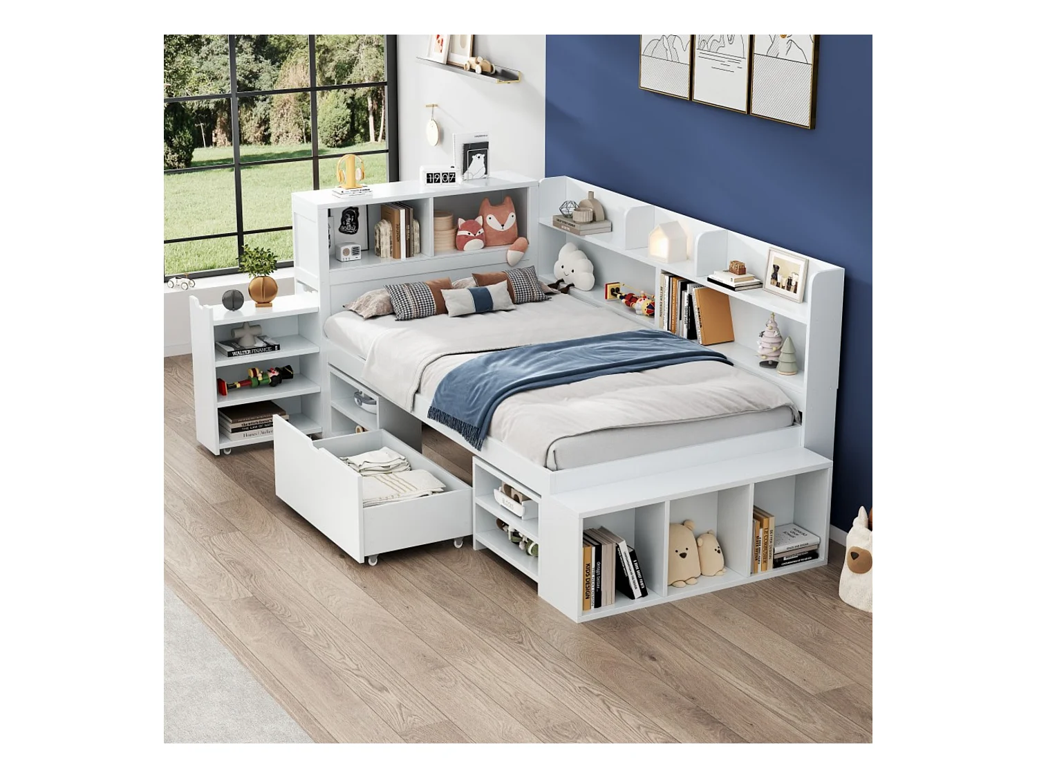 Bett 90 x 200 cm mit Fächern, Bücherregal und 1 Schublade – Sperrholz – Weiß (ohne Matratze)