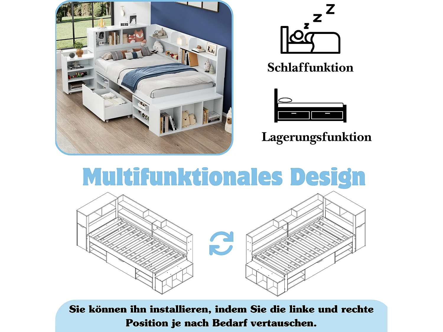 Bett 90 x 200 cm mit Fächern, Bücherregal und 1 Schublade – Sperrholz – Weiß (ohne Matratze)