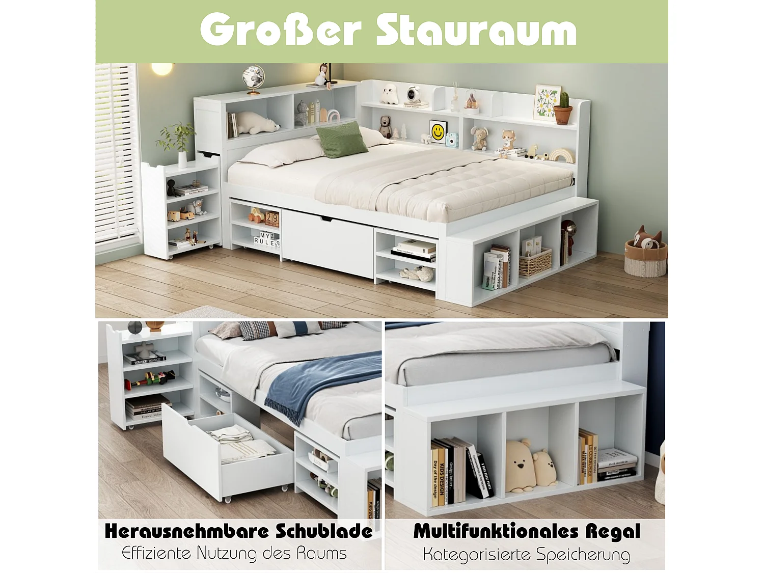 Bett 90 x 200 cm mit Fächern, Bücherregal und 1 Schublade – Sperrholz – Weiß (ohne Matratze)
