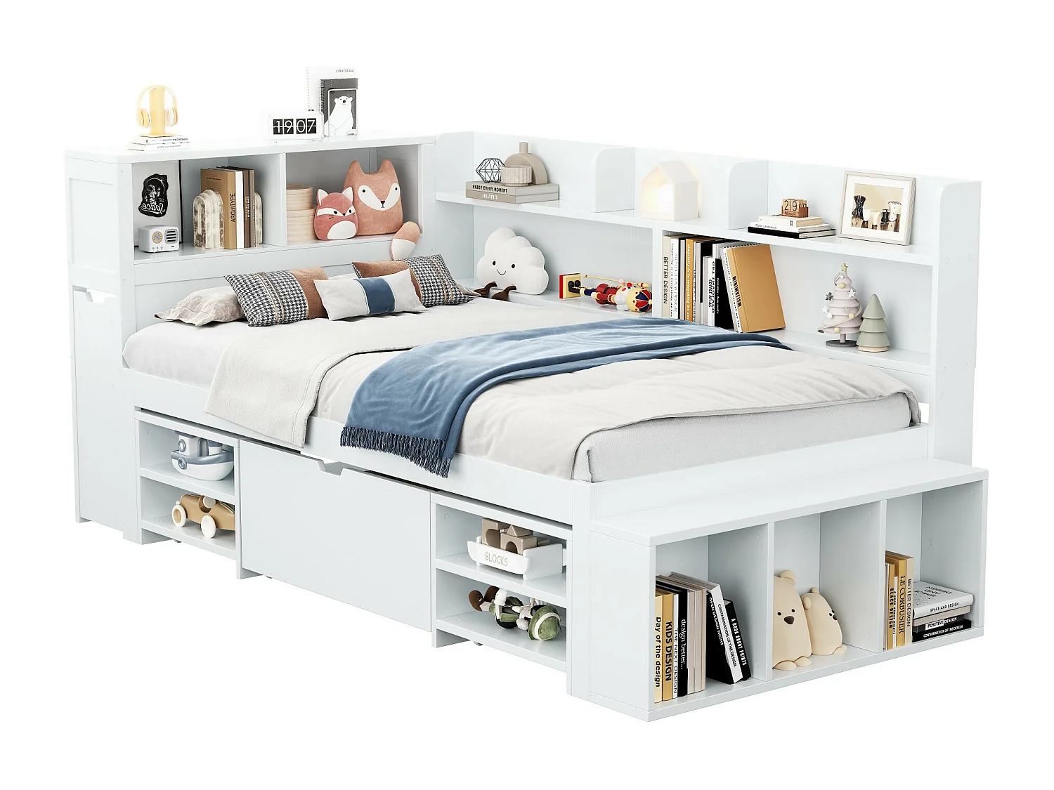 Bett 90 x 200 cm mit Fächern, Bücherregal und 1 Schublade – Sperrholz – Weiß (ohne Matratze)