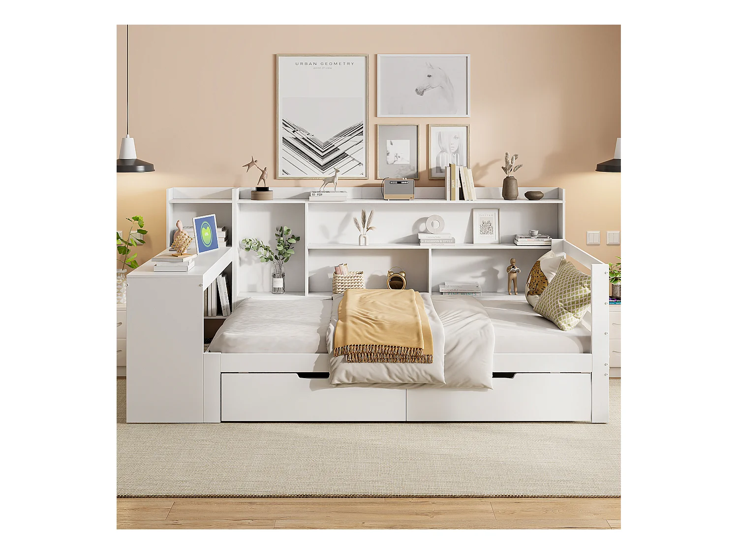 Letto 90 x 200 cm con testiera e 2 cassetti - scrivania, scomparti e prese USB - Pino + compensato + MDF - Bianco