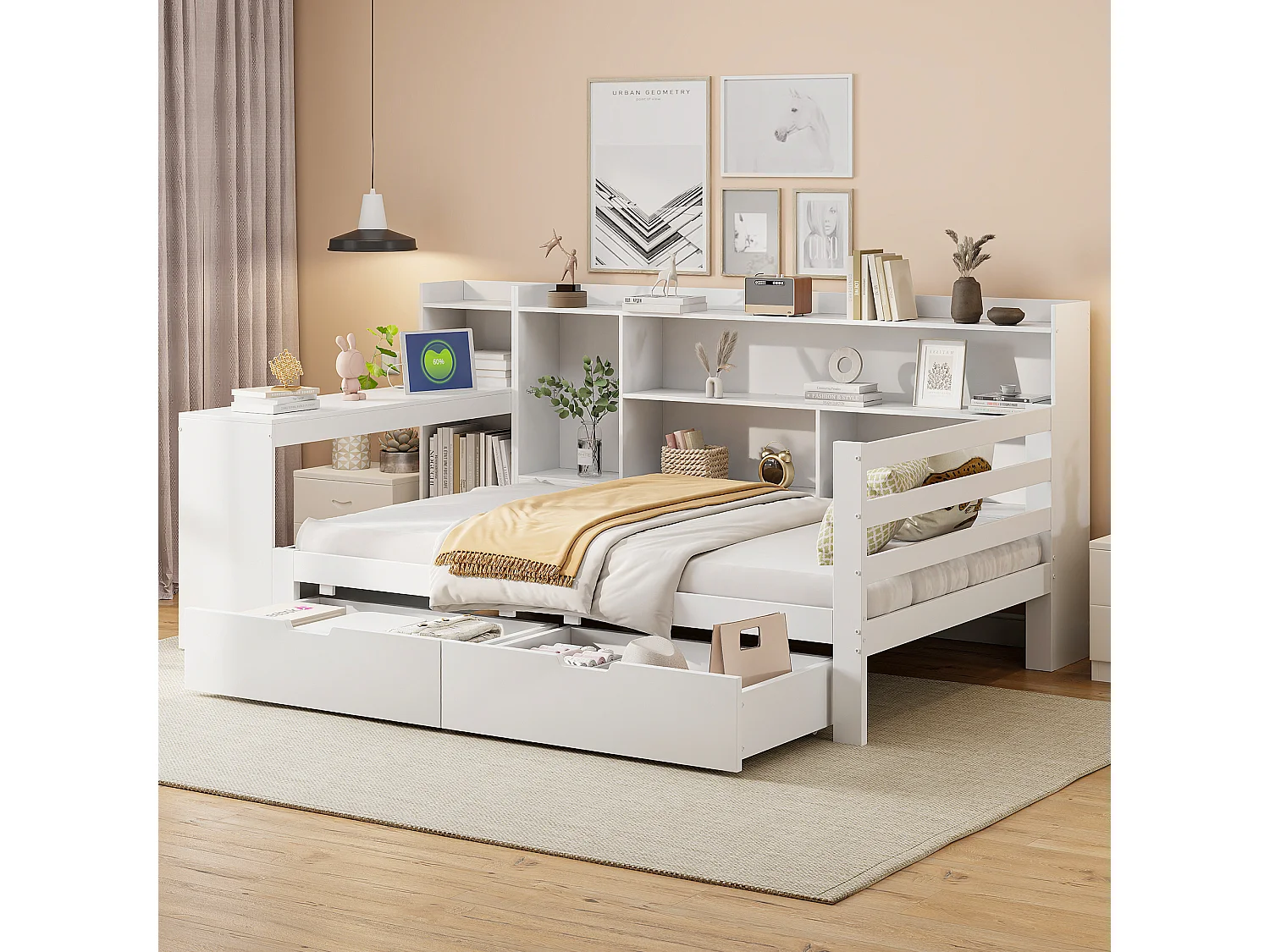 Letto 90 x 200 cm con testiera e 2 cassetti - scrivania, scomparti e prese USB - Pino + compensato + MDF - Bianco