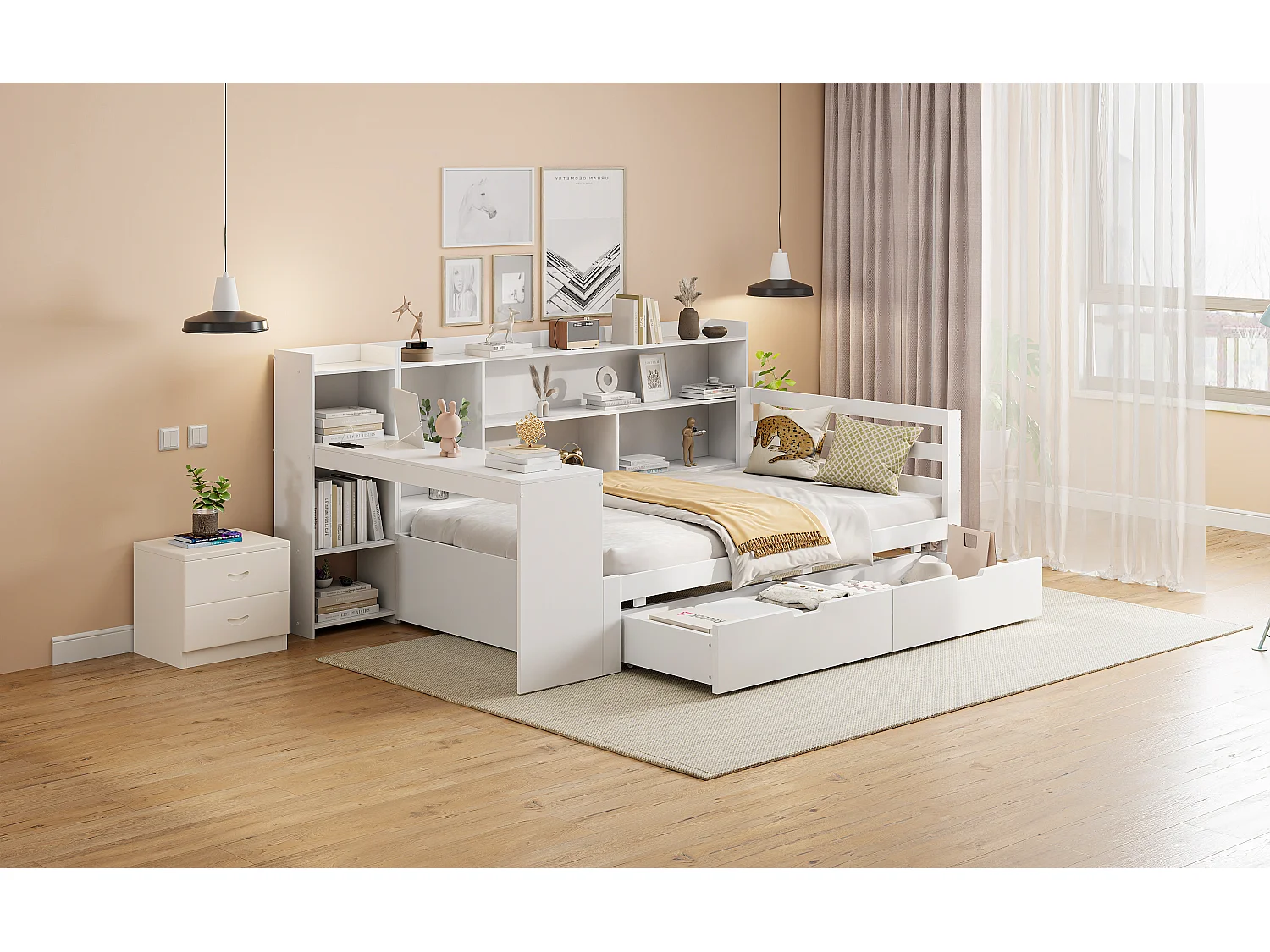Letto 90 x 200 cm con testiera e 2 cassetti - scrivania, scomparti e prese USB - Pino + compensato + MDF - Bianco