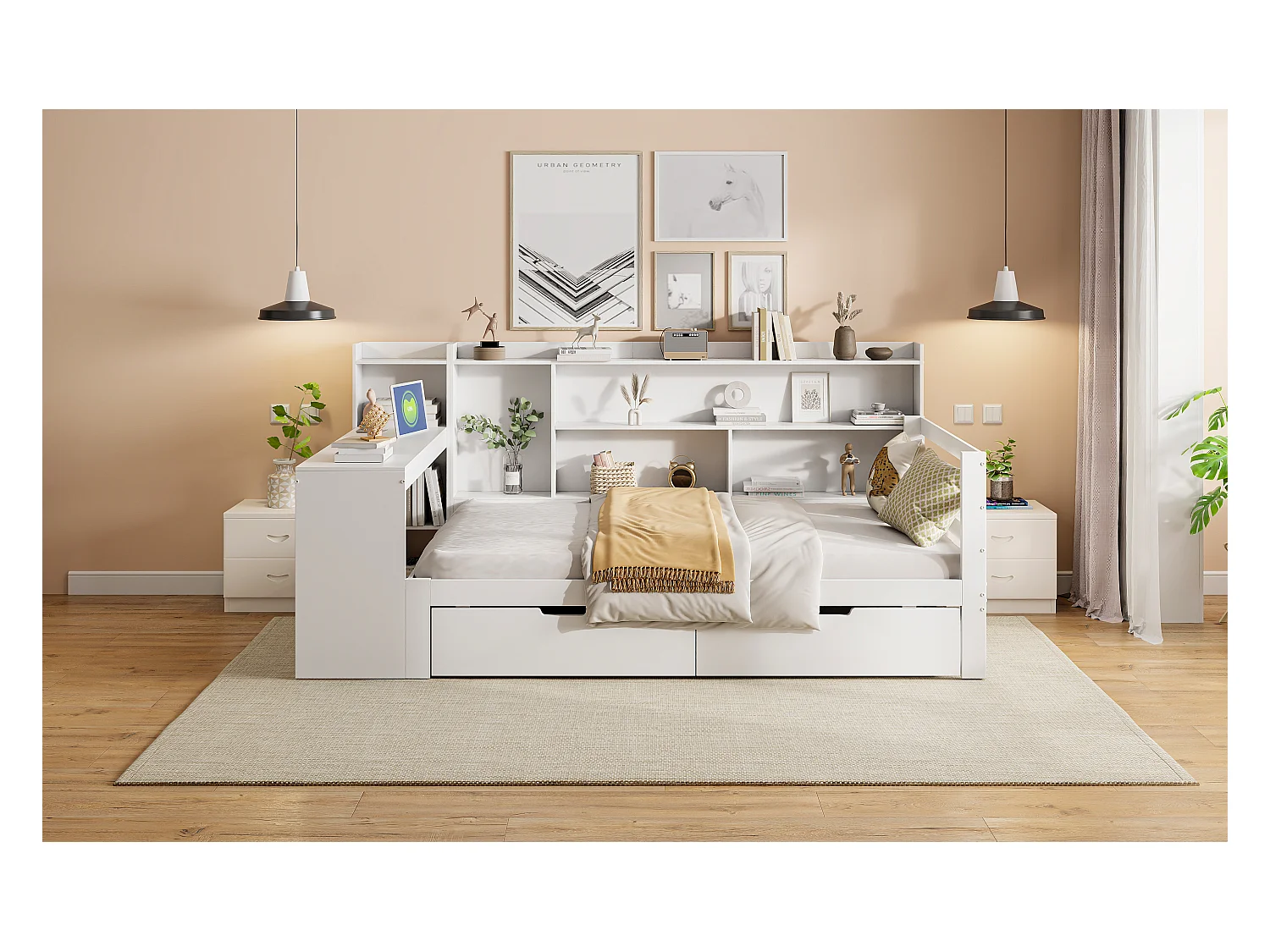 Letto 90 x 200 cm con testiera e 2 cassetti - scrivania, scomparti e prese USB - Pino + compensato + MDF - Bianco