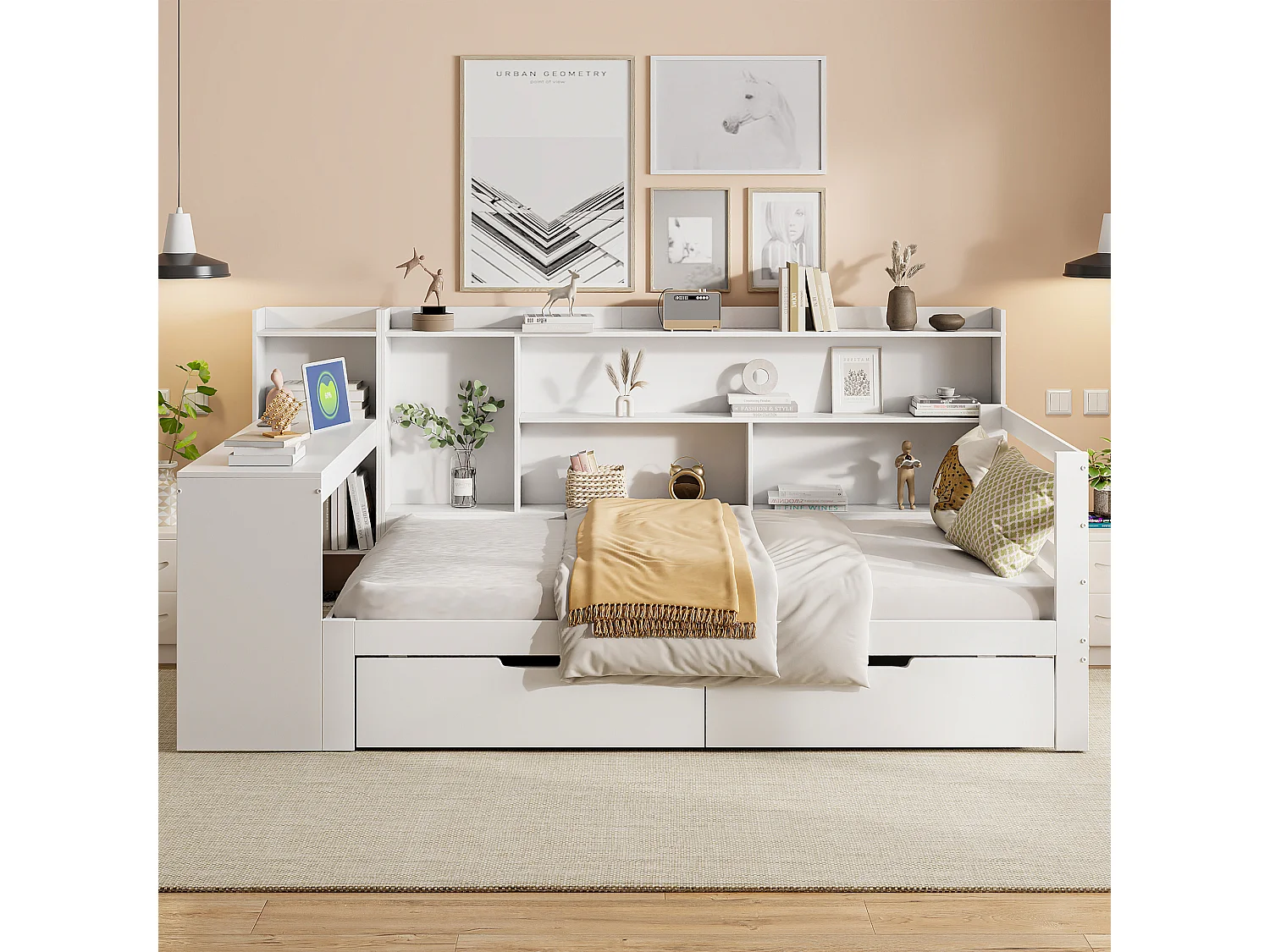 Bed 90 x 200 cm met hoofdbord en 2 lades - bureau, opbergvakken en USB-aansluitingen - Grenen + multiplex + MDF - Wit