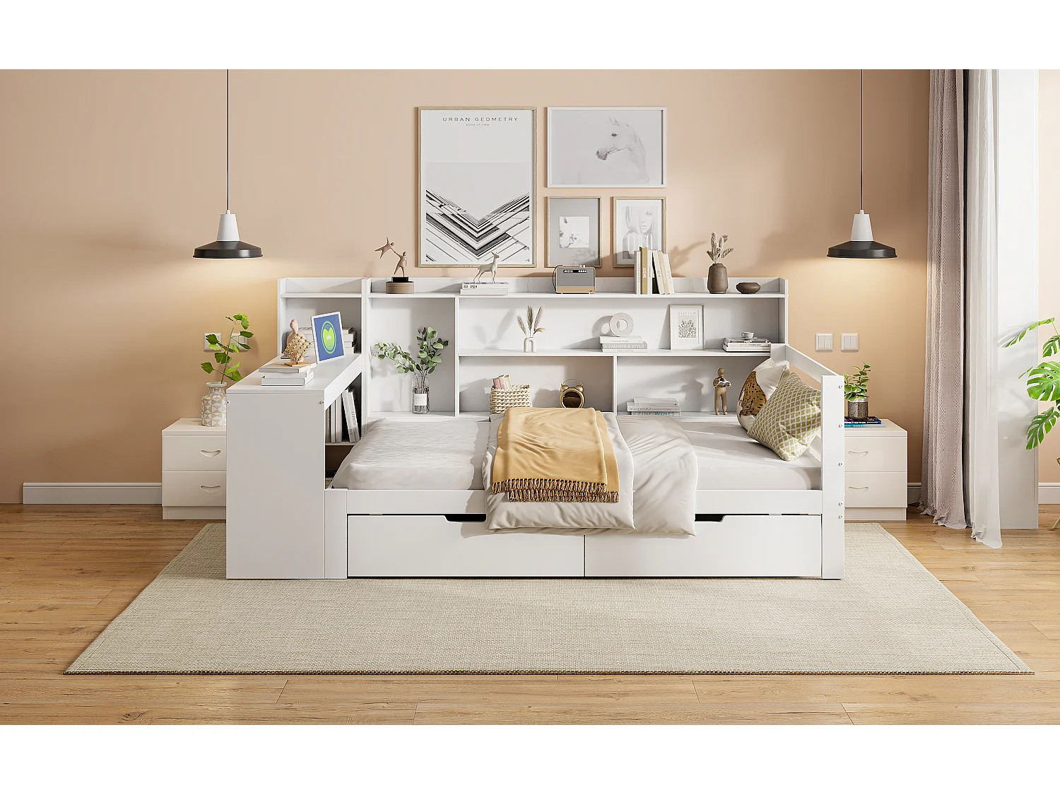 Bed 90 x 200 cm met hoofdbord en 2 lades - bureau, opbergvakken en USB-aansluitingen - Grenen + multiplex + MDF - Wit