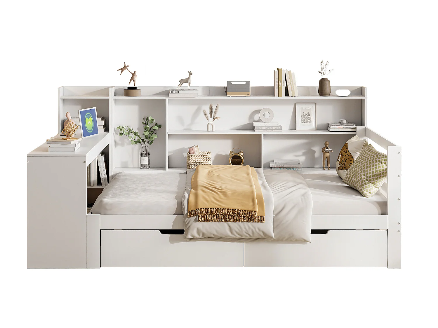Bed 90 x 200 cm met hoofdbord en 2 lades - bureau, opbergvakken en USB-aansluitingen - Grenen + multiplex + MDF - Wit