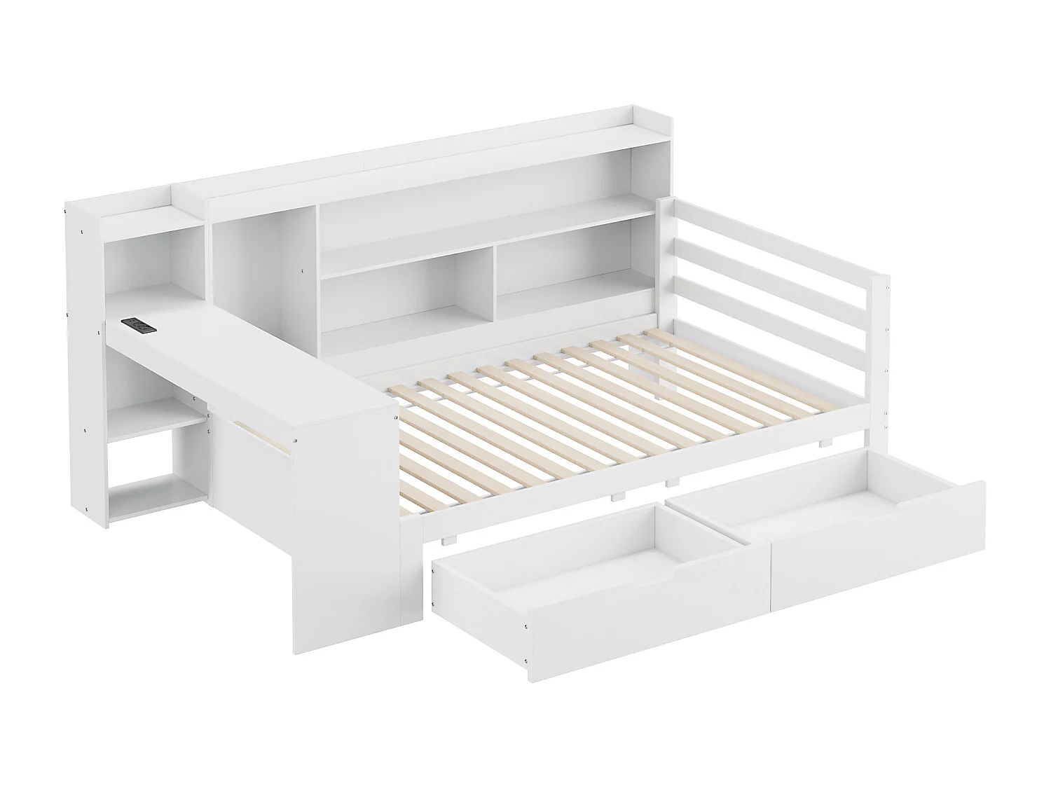 Bed 90 x 200 cm met hoofdbord en 2 lades - bureau, opbergvakken en USB-aansluitingen - Grenen + multiplex + MDF - Wit