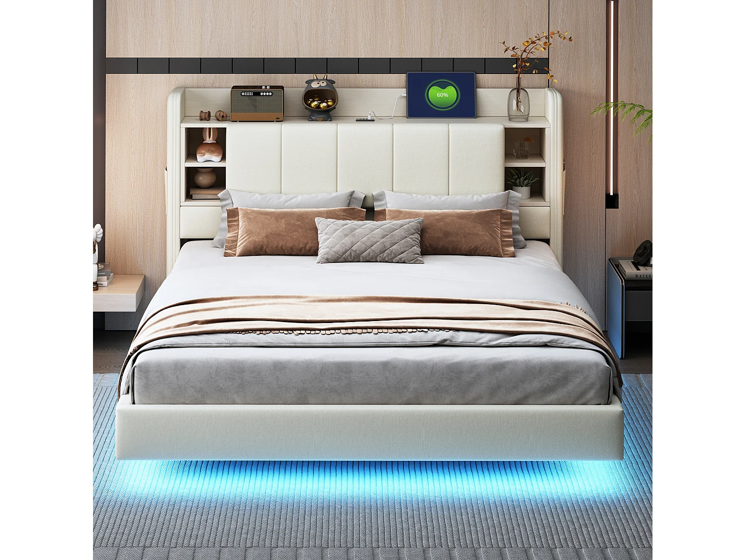 Cama tapizada de 160 x 200 cm con cabecero reversible y espacio de almacenaje - Toma USB y LED - Tejido de lino - Beige