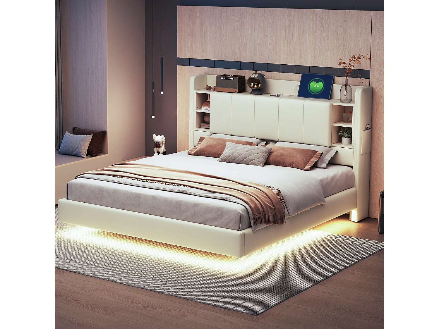 Cama tapizada de 160 x 200 cm con cabecero reversible y espacio de almacenaje - Toma USB y LED - Tejido de lino - Beige