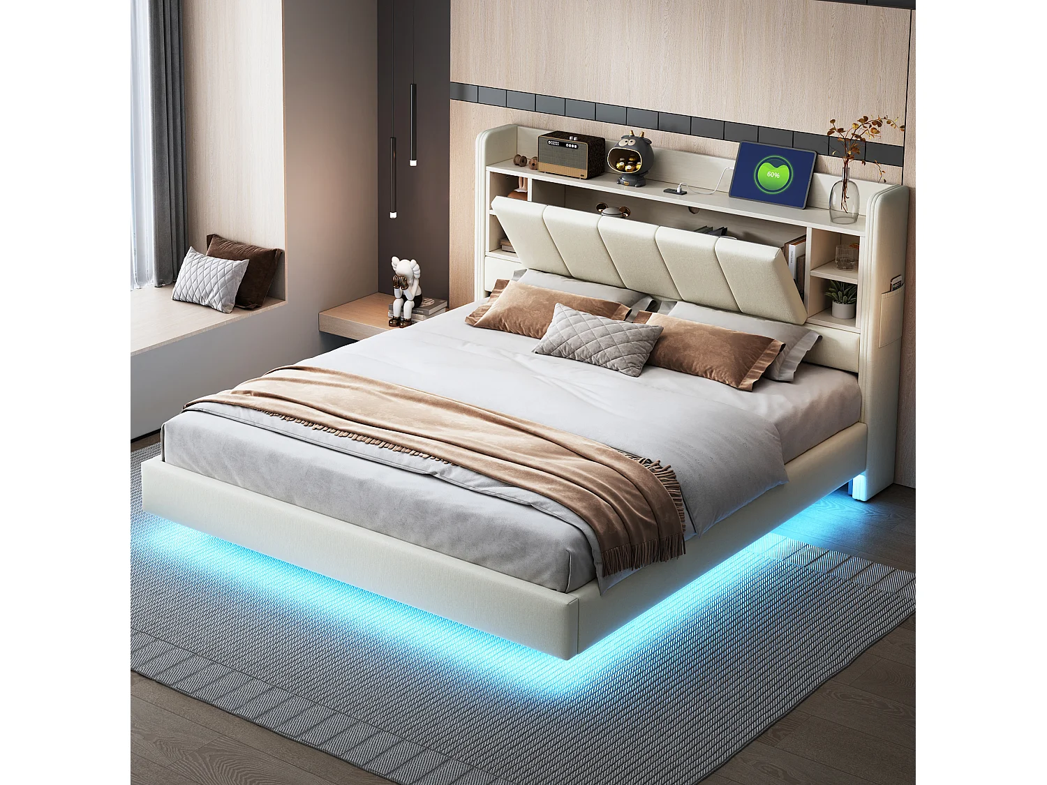 160 x 200 cm Polsterbett mit wendbarem Kopfteil und Stauraum - USB-Steckdose und LEDs - Leinenstoff - Beige