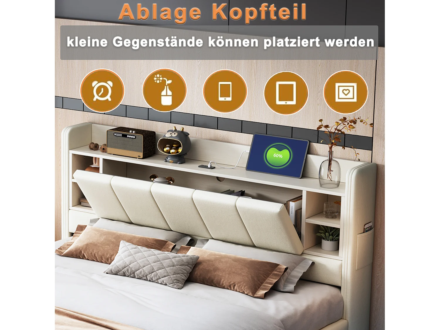 160 x 200 cm Polsterbett mit wendbarem Kopfteil und Stauraum - USB-Steckdose und LEDs - Leinenstoff - Beige