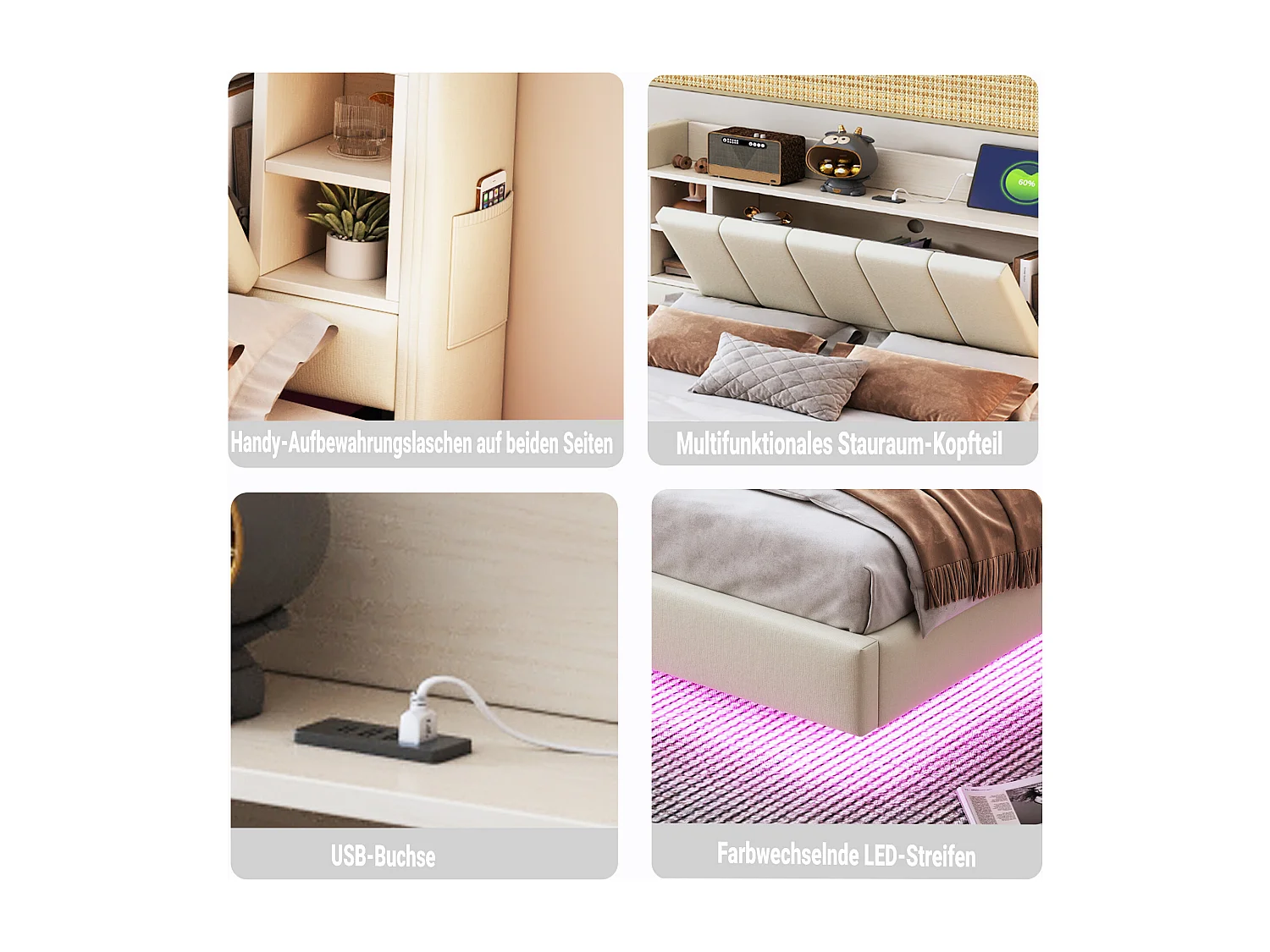 160 x 200 cm Polsterbett mit wendbarem Kopfteil und Stauraum - USB-Steckdose und LEDs - Leinenstoff - Beige