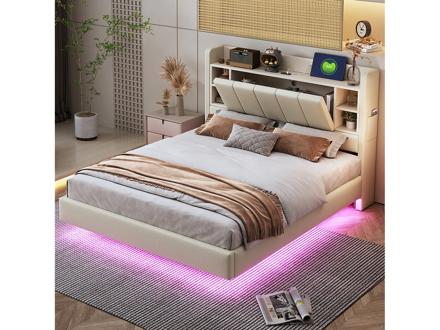 Lit capitonné 140 x 200 cm avec tête de lit réversible et espace de rangemnt - prise USB et LEDs - Tissu en lin - Beige