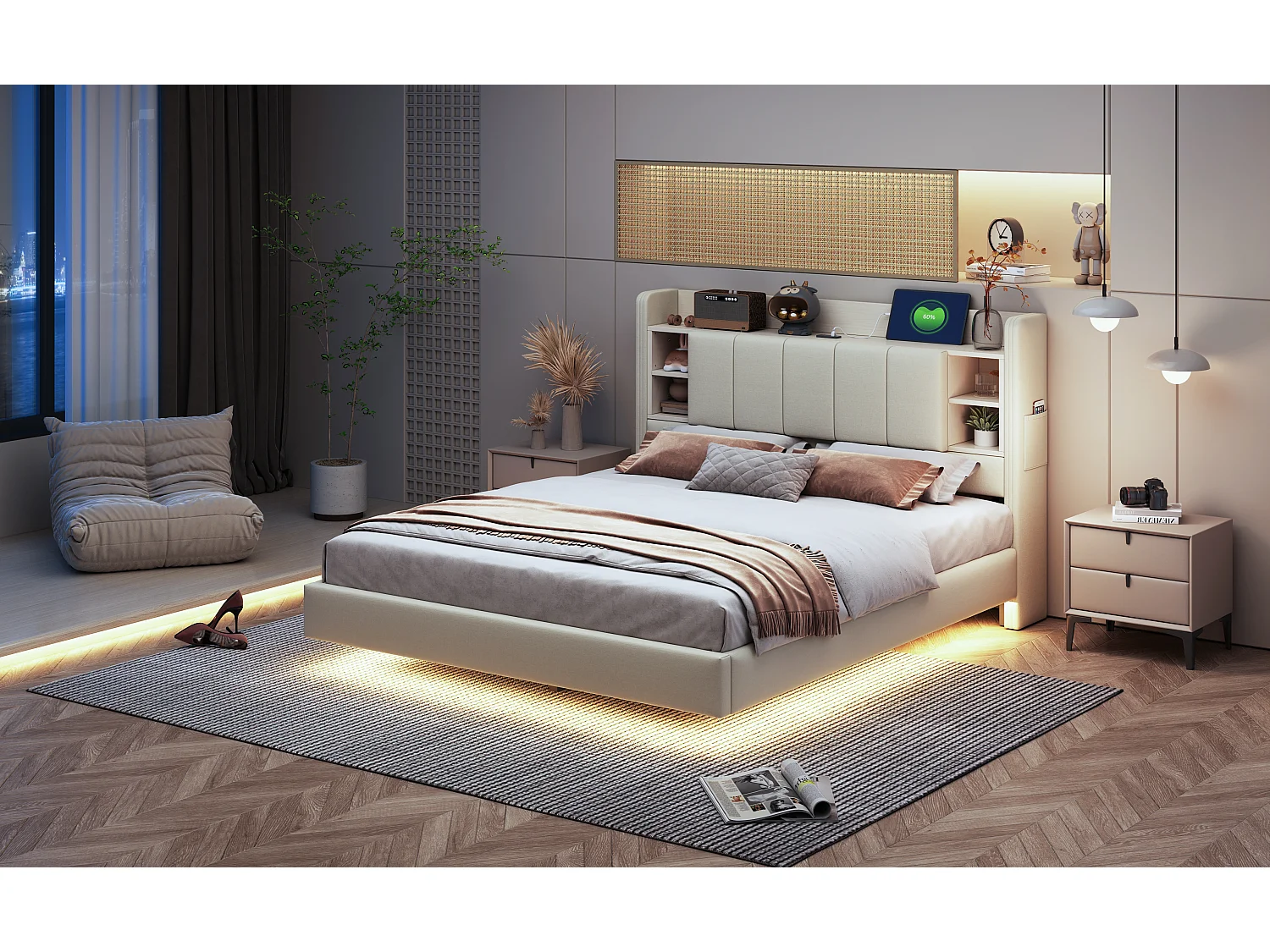 Lit capitonné 140 x 200 cm avec tête de lit réversible et espace de rangemnt - prise USB et LEDs - Tissu en lin - Beige