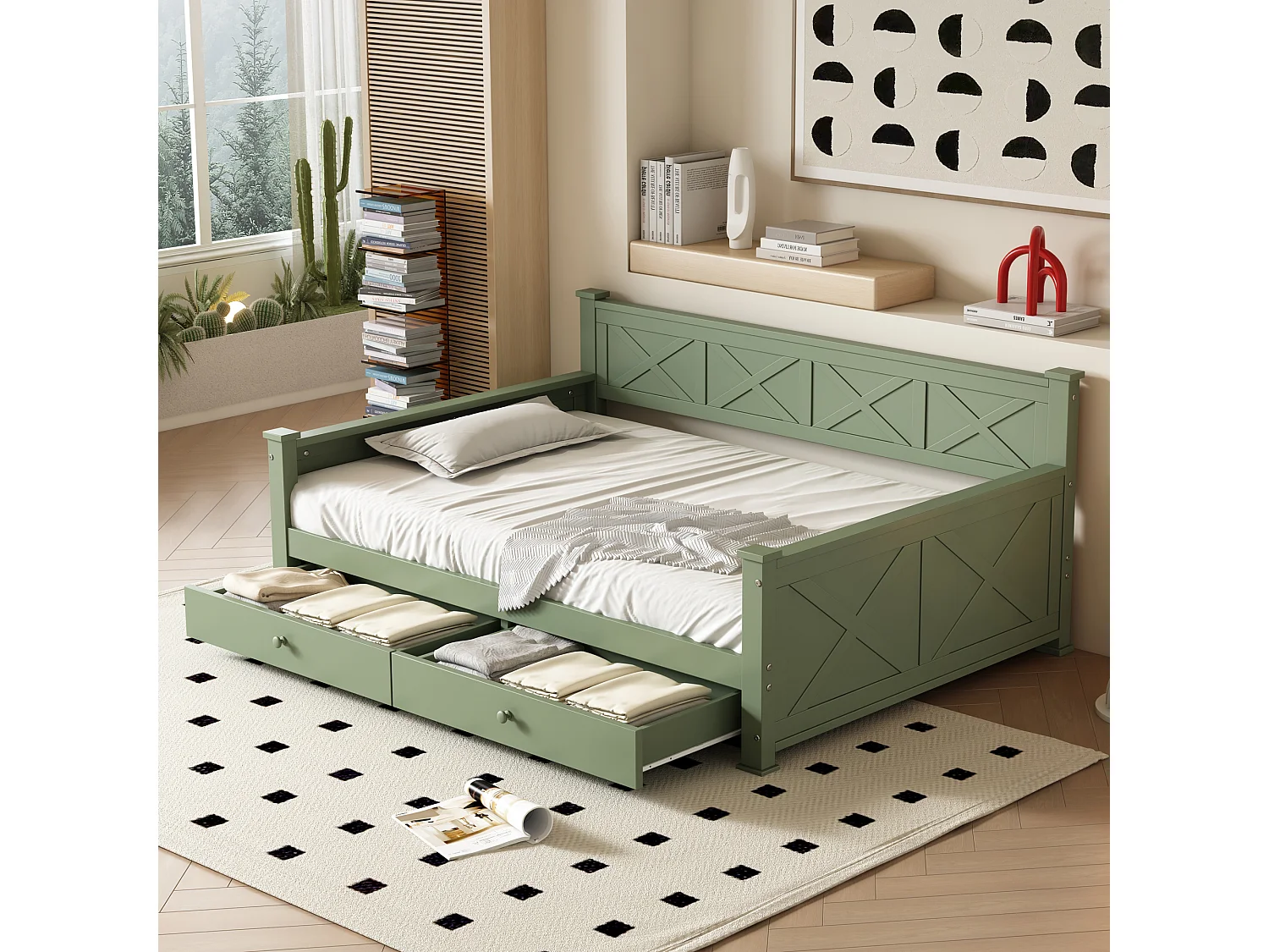 Lit enfant 90 x 200 cm avec 2 tiroirs - Pin + MDF - Sommier à lattes - Vert (sans matelas)