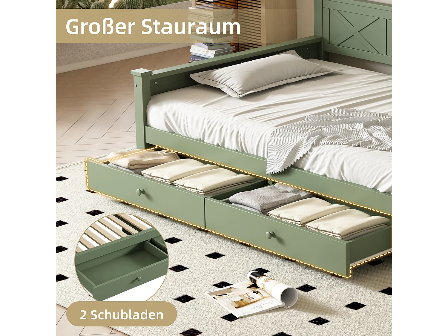 Lit enfant 90 x 200 cm avec 2 tiroirs - Pin + MDF - Sommier à lattes - Vert (sans matelas)