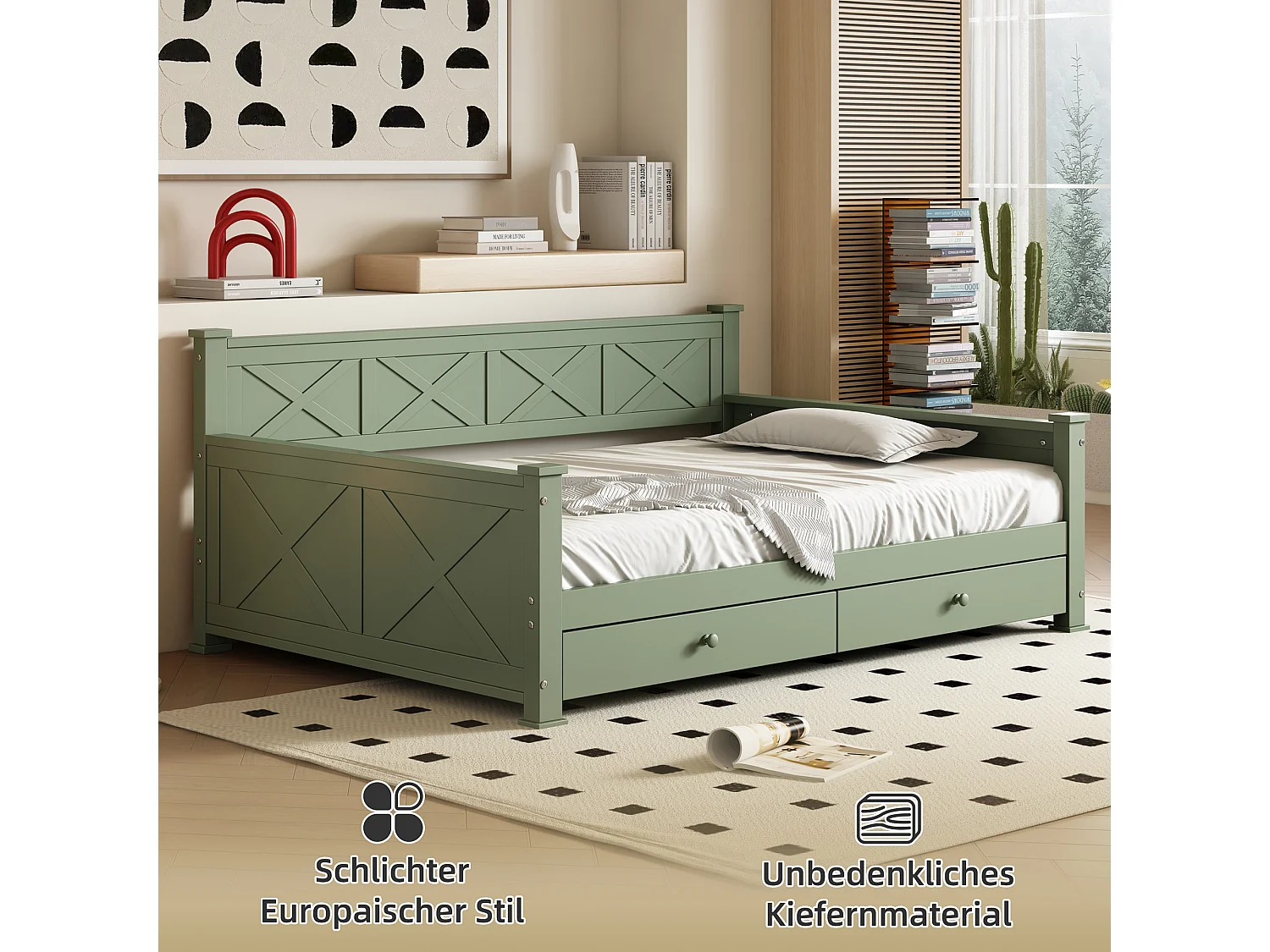 Lit enfant 90 x 200 cm avec 2 tiroirs - Pin + MDF - Sommier à lattes - Vert (sans matelas)