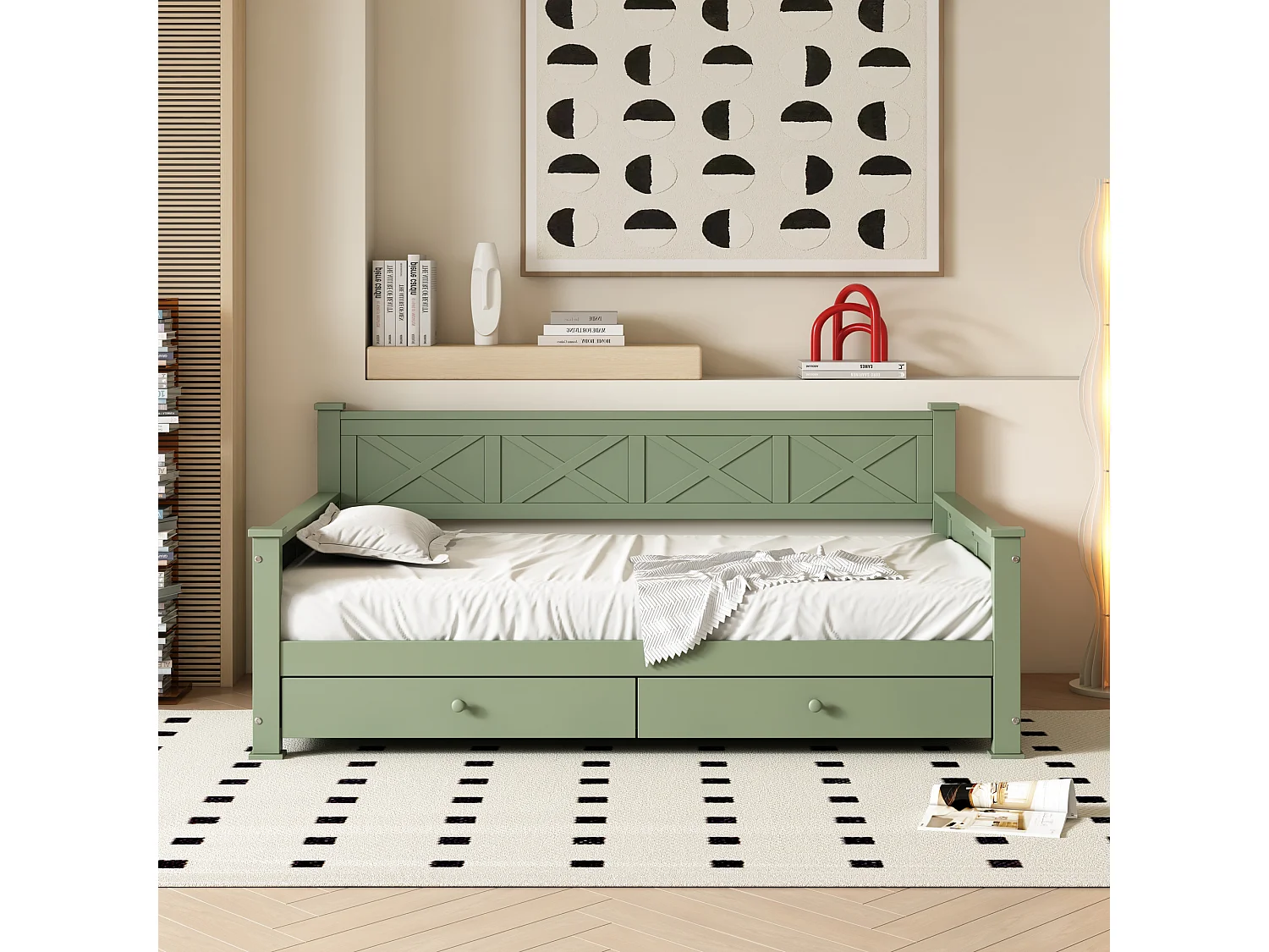 Lit enfant 90 x 200 cm avec 2 tiroirs - Pin + MDF - Sommier à lattes - Vert (sans matelas)