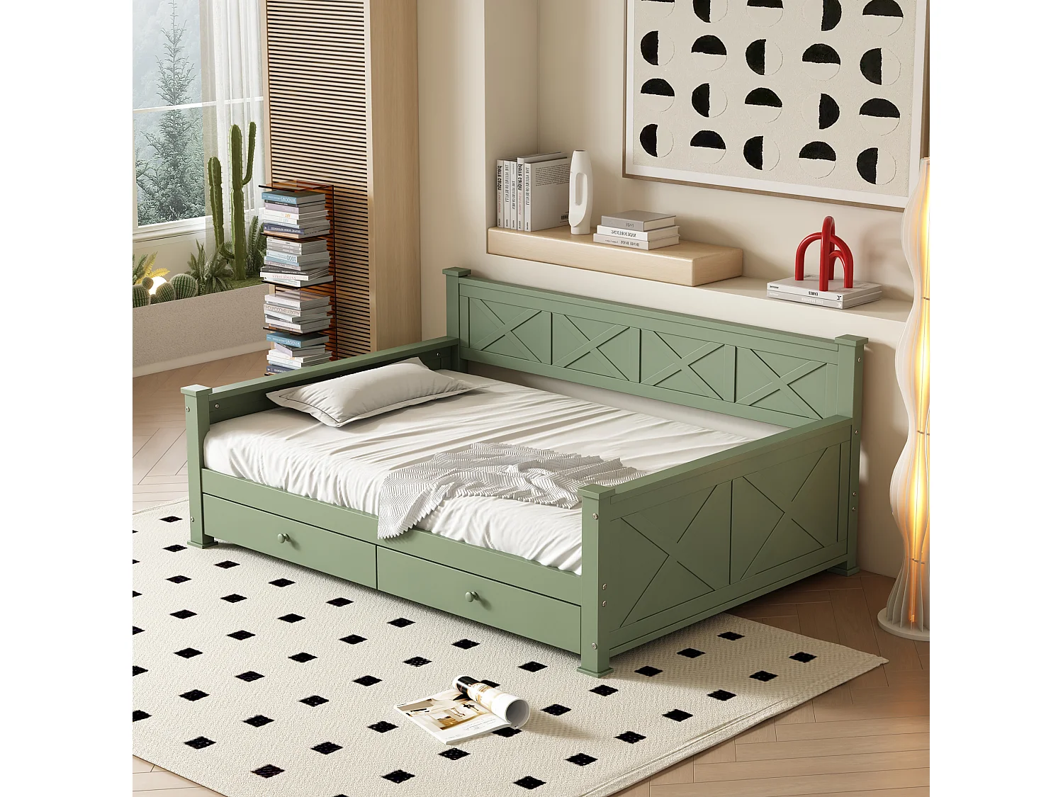 Lit enfant 90 x 200 cm avec 2 tiroirs - Pin + MDF - Sommier à lattes - Vert (sans matelas)