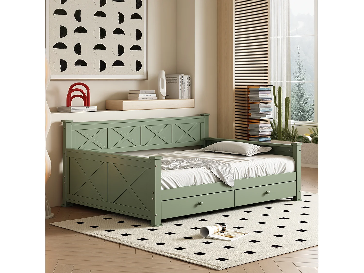 Lit enfant 90 x 200 cm avec 2 tiroirs - Pin + MDF - Sommier à lattes - Vert (sans matelas)