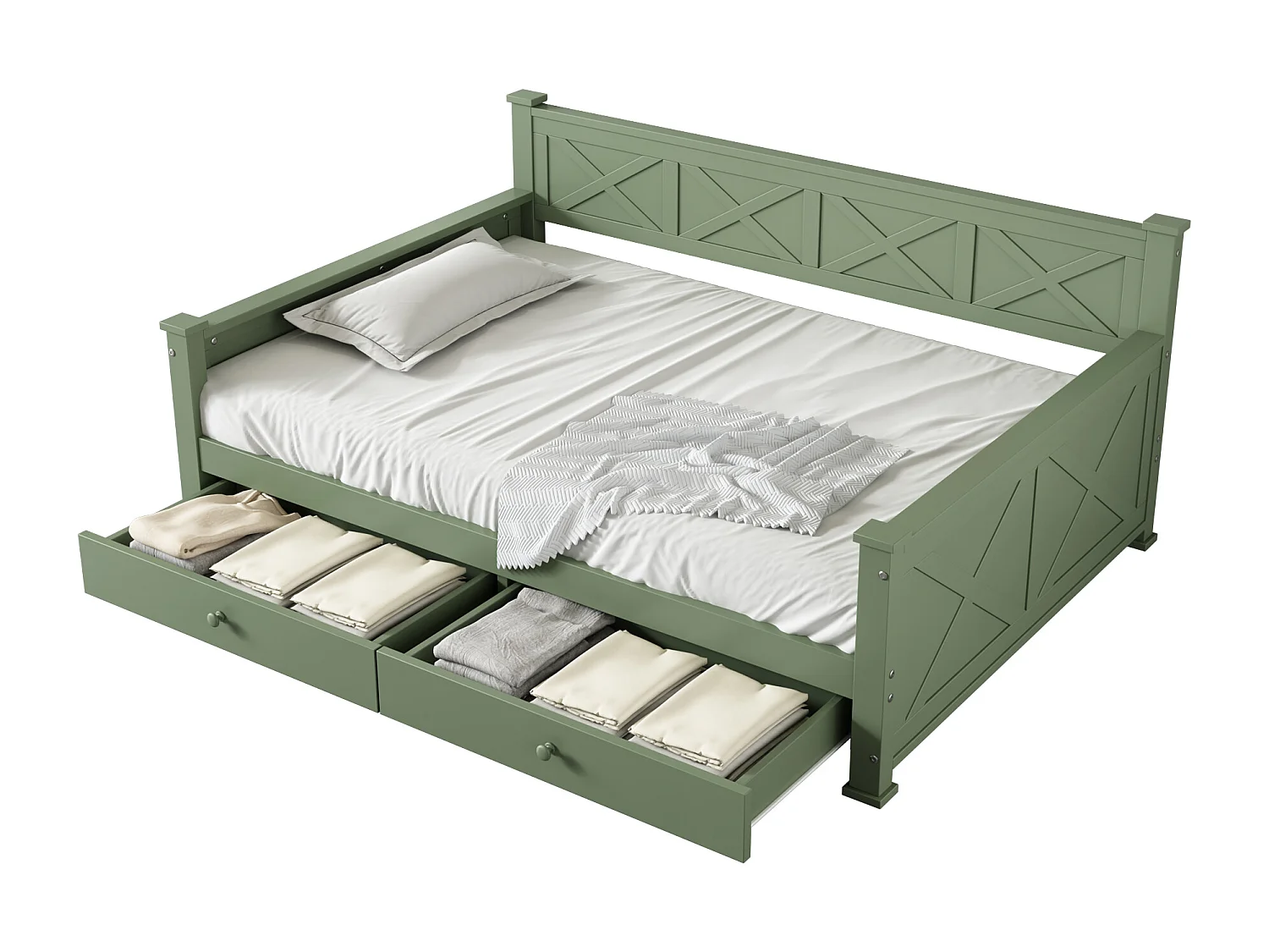 Lit enfant 90 x 200 cm avec 2 tiroirs - Pin + MDF - Sommier à lattes - Vert (sans matelas)