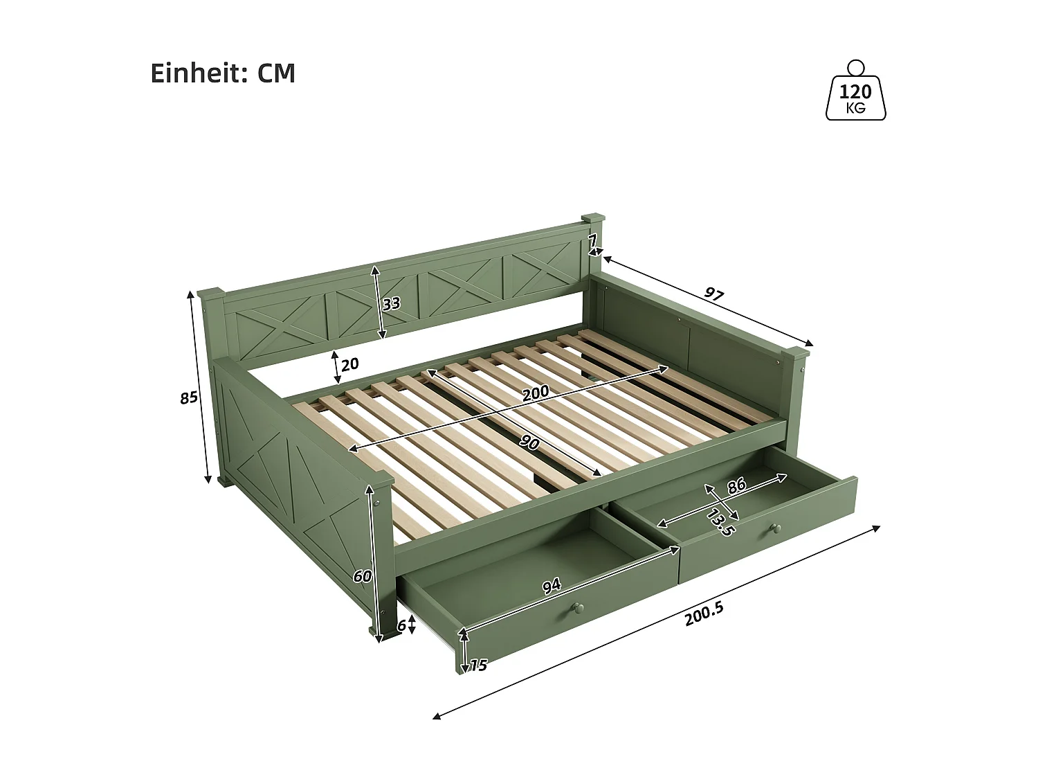 Lit enfant 90 x 200 cm avec 2 tiroirs - Pin + MDF - Sommier à lattes - Vert (sans matelas)