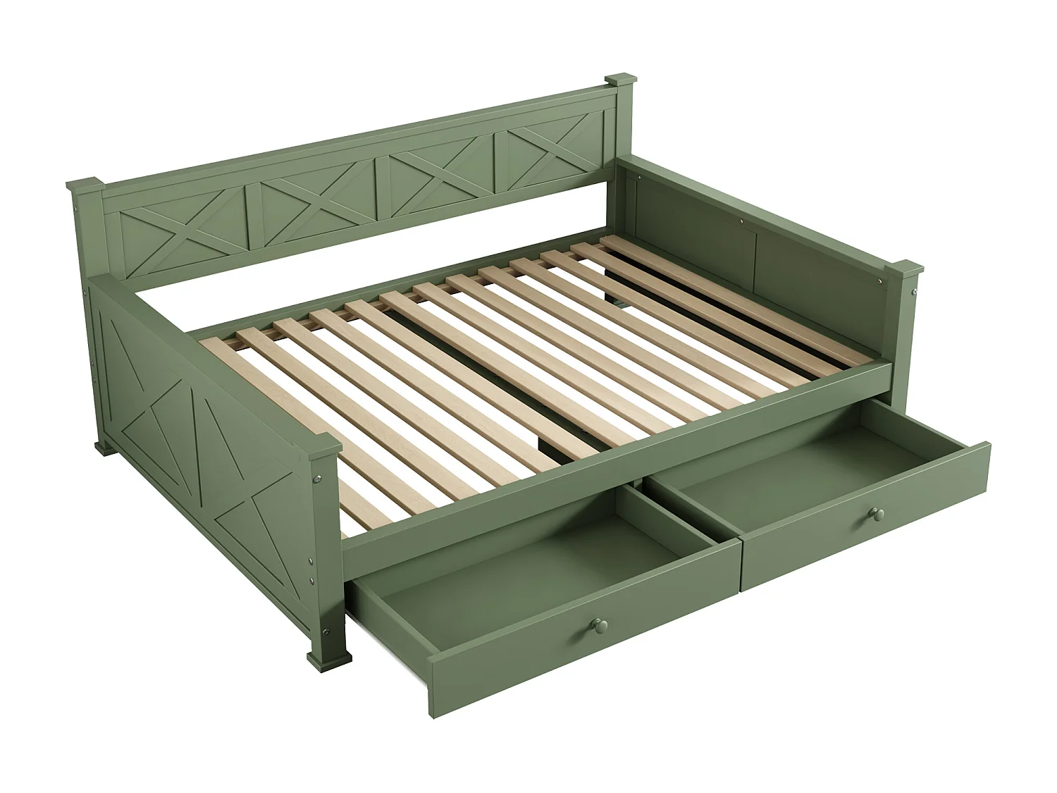 Lit enfant 90 x 200 cm avec 2 tiroirs - Pin + MDF - Sommier à lattes - Vert (sans matelas)