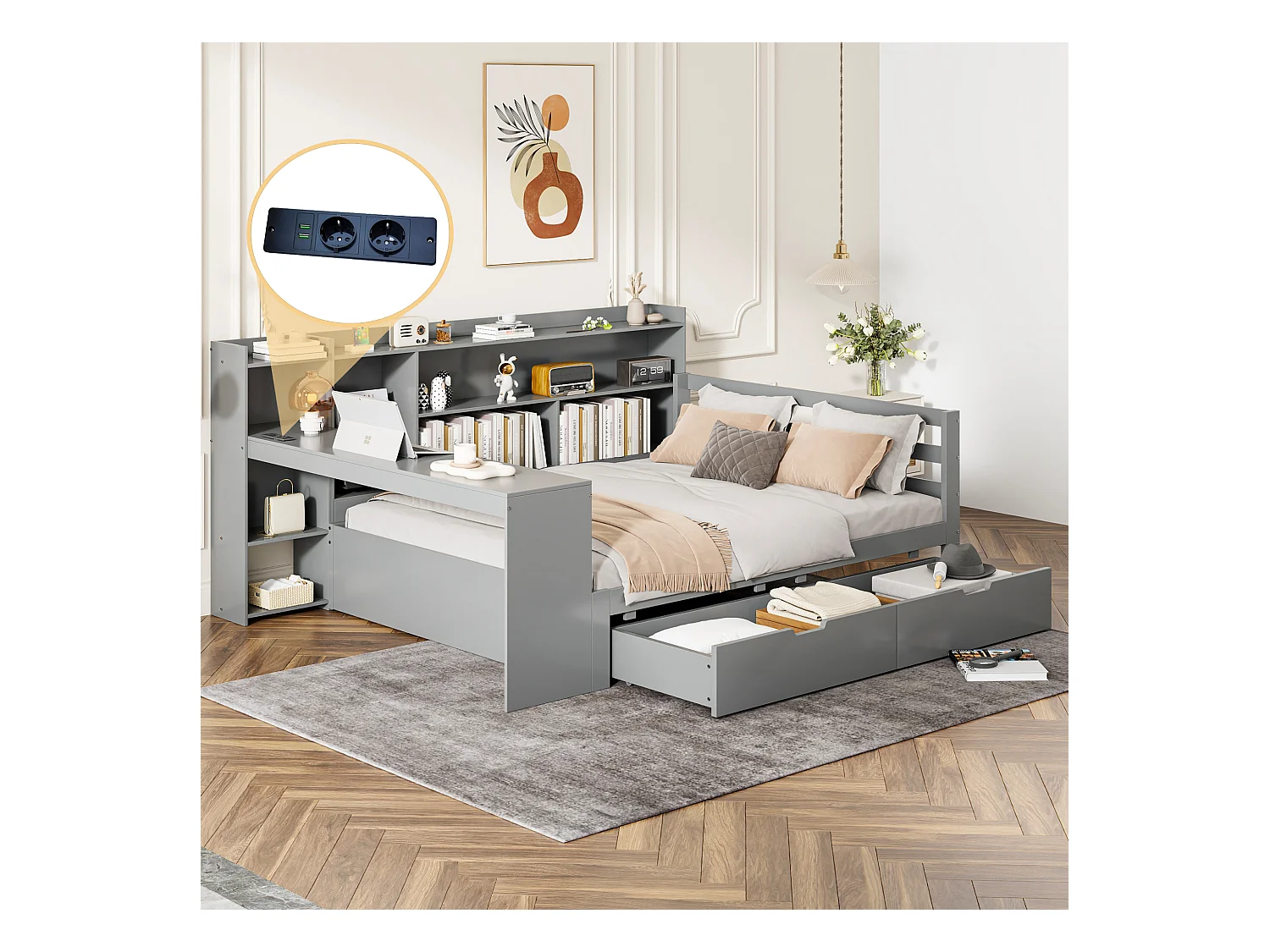 Lit 140 x 200 cm avec tête de lit et 2 tiroirs - bureau, compartiments et prises USB -  Pin + contreplaqué + MDF - Gris