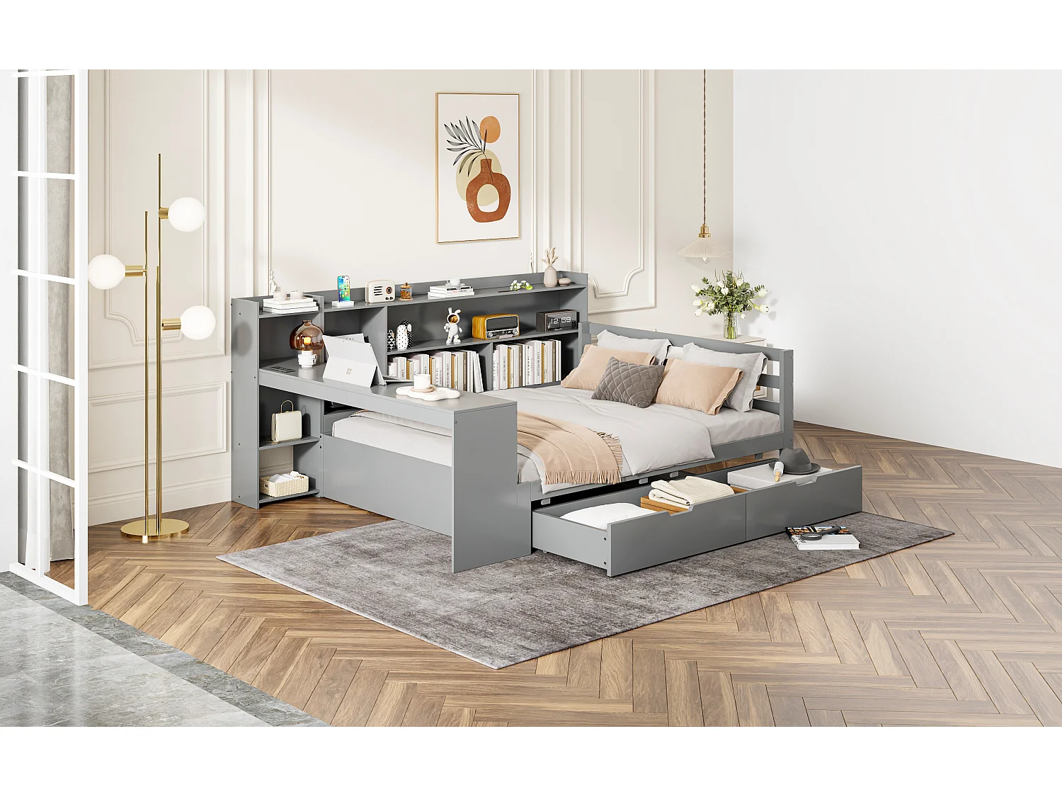 Lit 140 x 200 cm avec tête de lit et 2 tiroirs - bureau, compartiments et prises USB -  Pin + contreplaqué + MDF - Gris