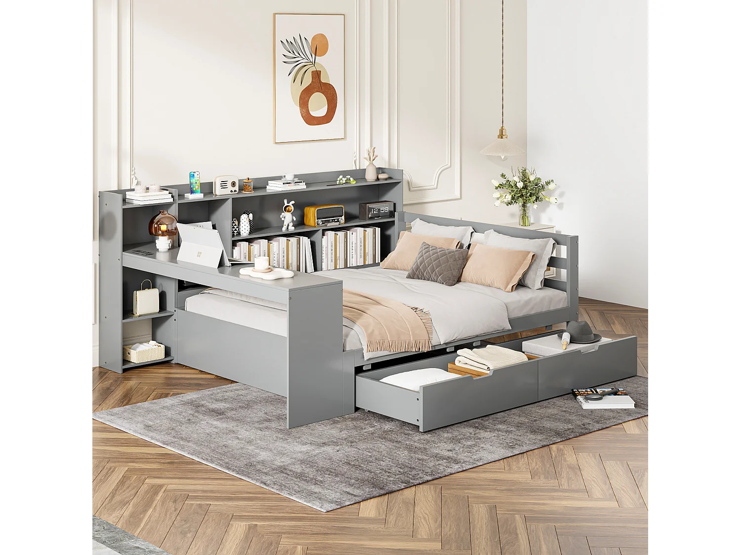 Letto 140 x 200 cm con testiera e 2 cassetti - scrivania, scomparti e prese USB - Pino + compensato + MDF - Grigio