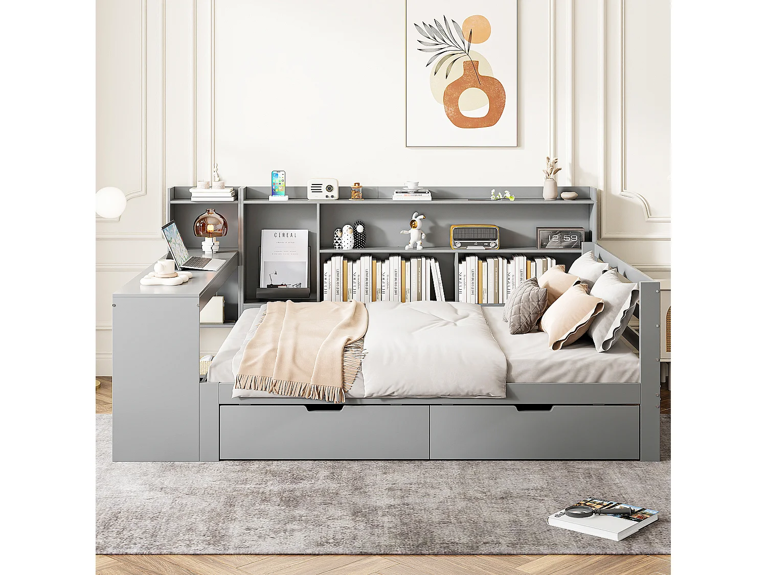 Letto 140 x 200 cm con testiera e 2 cassetti - scrivania, scomparti e prese USB - Pino + compensato + MDF - Grigio