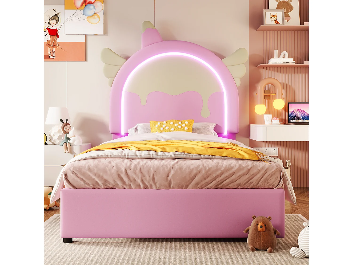 90 x 200 cm gestoffeerd bed met eenhoorn hoofdbord en 2 lades - LED's - Kunstleer - Roze (zonder matras)