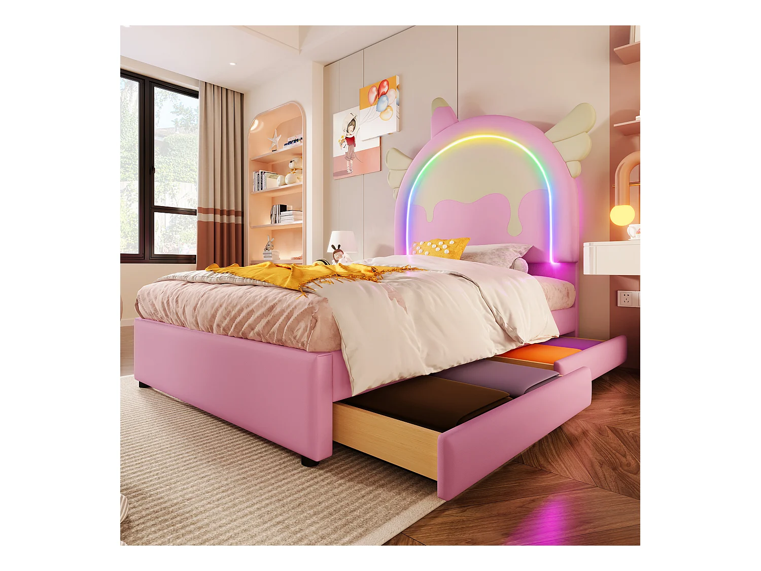 Lit capitonné 90 x 200 cm avec tête de lit licorne et 2 tiroirs - LEDs - Simili cuir - Rose (sans matelas)