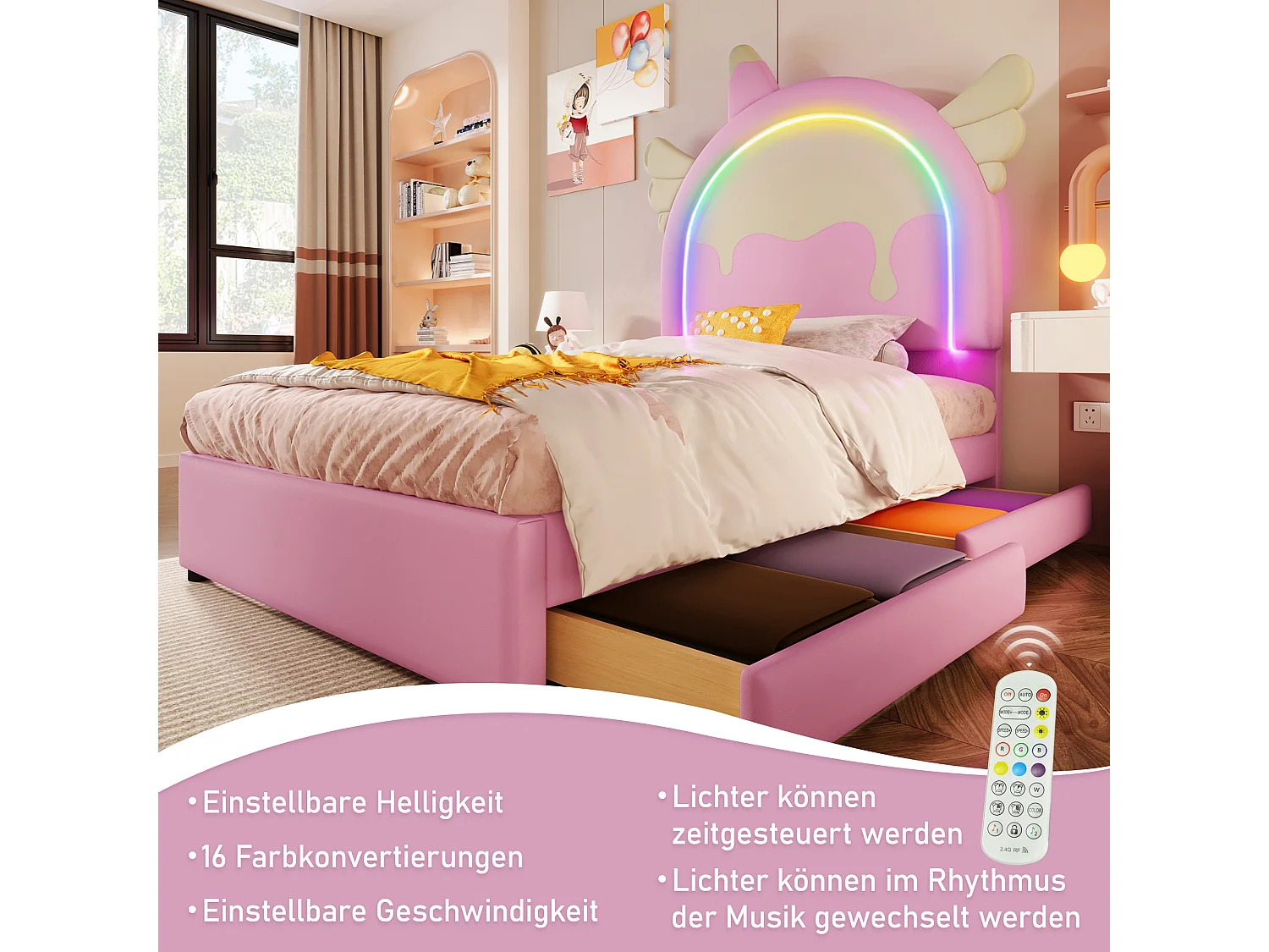 90 x 200 cm Polsterbett mit Einhorn-Kopfteil und 2 Schubladen - LEDs - Kunstleder - Rosa (ohne Matratze)