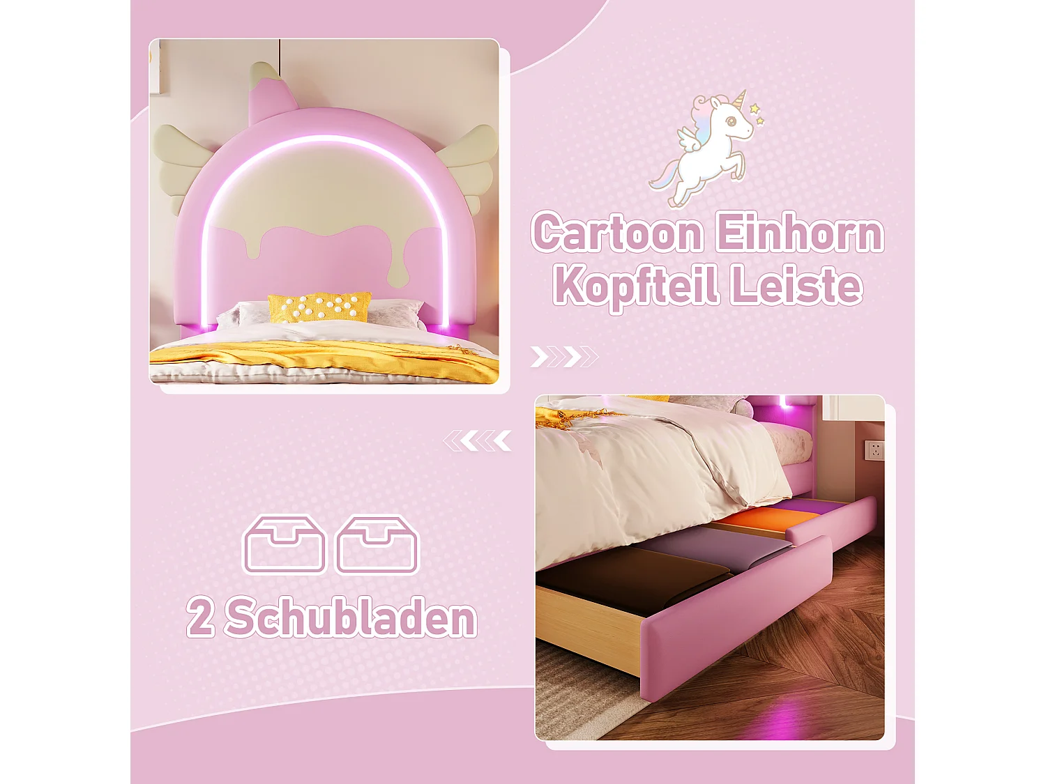 Letto imbottito 90 x 200 cm con testiera unicorno e 2 cassetti - LED - Similpelle - Rosa (materasso non incluso)