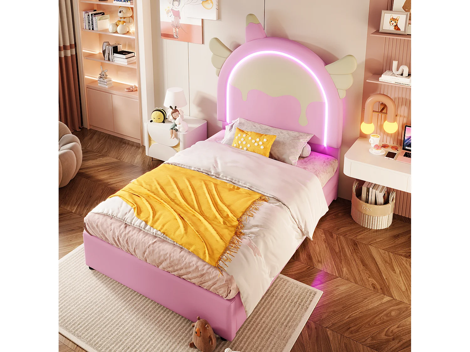 Letto imbottito 90 x 200 cm con testiera unicorno e 2 cassetti - LED - Similpelle - Rosa (materasso non incluso)