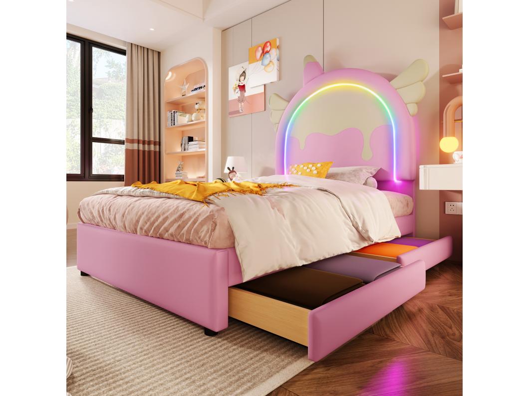 Lit capitonné 90 x 200 cm avec tête de lit licorne et 2 tiroirs - LEDs - Simili cuir - Rose (sans matelas)