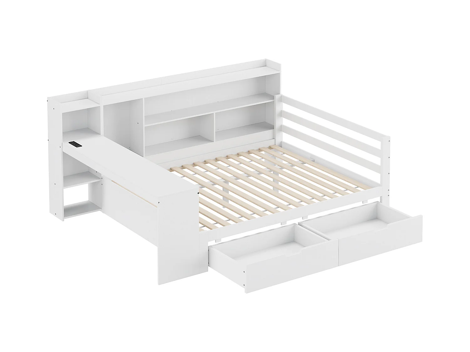 Lit 140 x 200 cm avec tête de lit et 2 tiroirs - bureau, compartiments et prises USB -  Pin + contreplaqué + MDF - Blanc