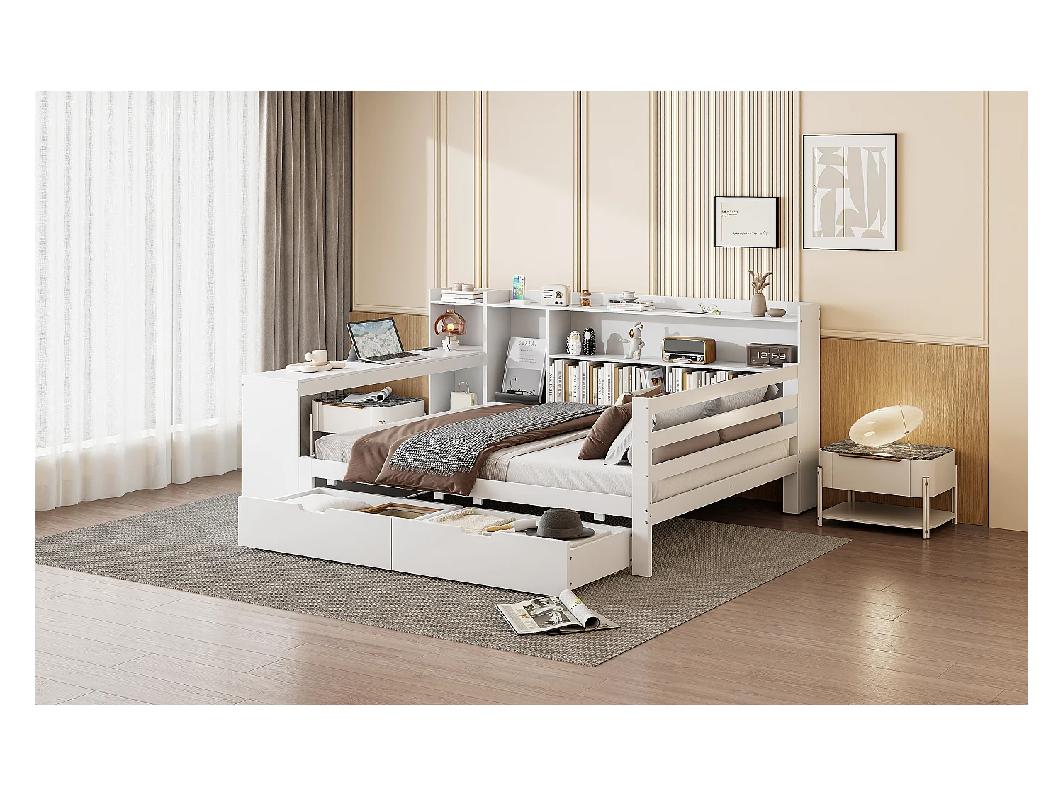 Lit 140 x 200 cm avec tête de lit et 2 tiroirs - bureau, compartiments et prises USB -  Pin + contreplaqué + MDF - Blanc