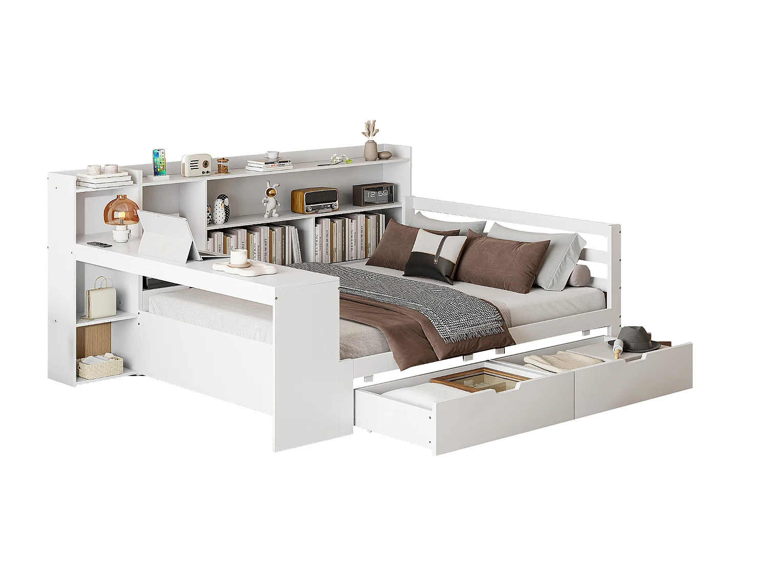 Lit 140 x 200 cm avec tête de lit et 2 tiroirs - bureau, compartiments et prises USB -  Pin + contreplaqué + MDF - Blanc