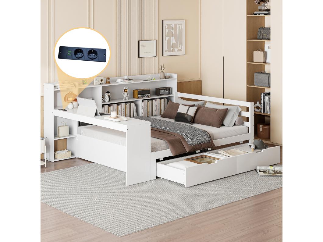 Letto 140 x 200 cm con testiera e 2 cassetti - scrivania, scomparti e prese USB - Pino + compensato + MDF - Bianco