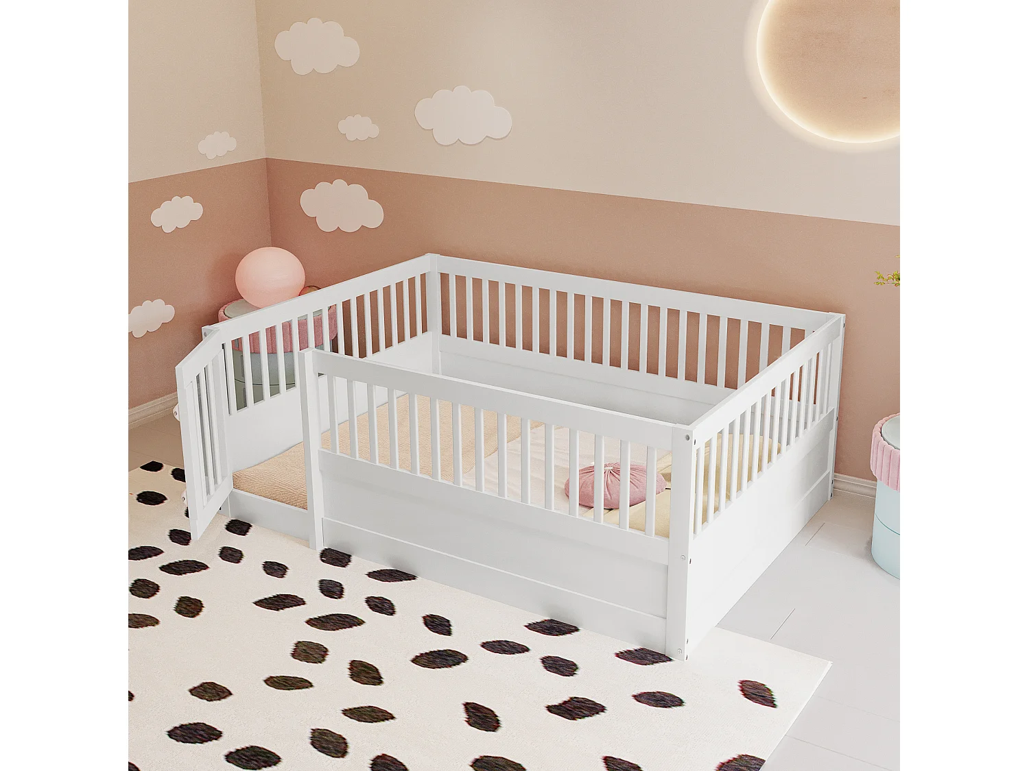 Kinderbed 140 x 200 cm zonder lattenbodem, houten bedframe met spijlen en deur, grenen + multiplex + MDF - Wit