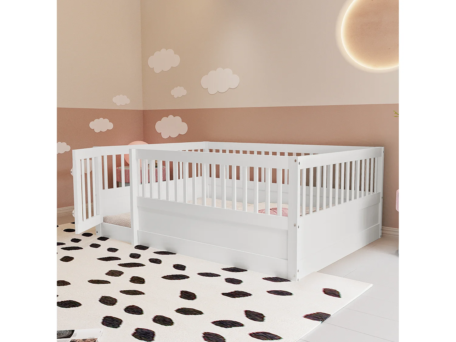 Kinderbed 140 x 200 cm zonder lattenbodem, houten bedframe met spijlen en deur, grenen + multiplex + MDF - Wit