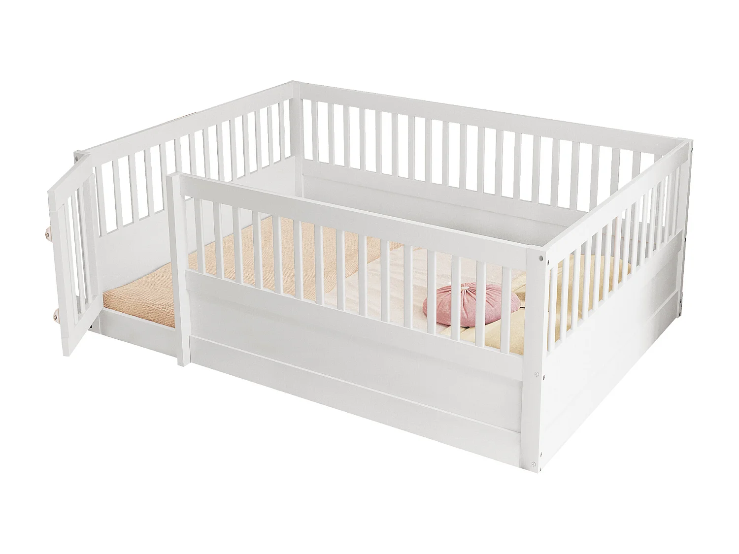 Lit enfant 140 x 200 cm sans sommier à latte, cadre de lit en bois avec barreaux et porte,  pin+contreplaqué+MDF - Blanc