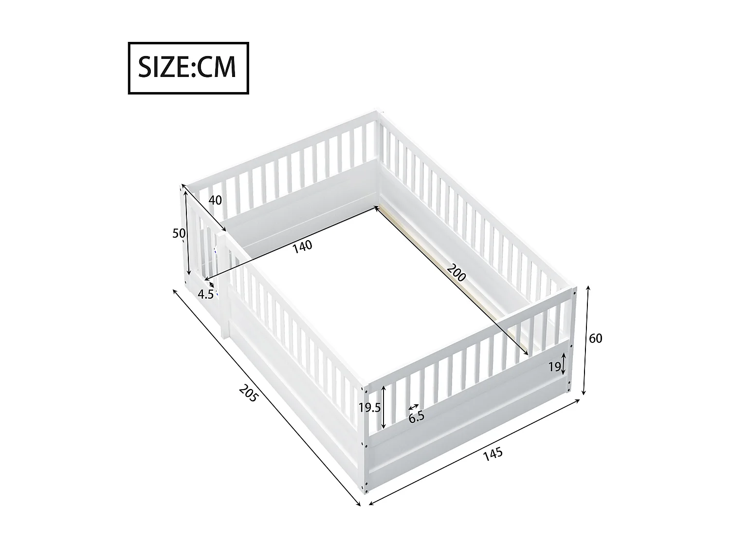 Lit enfant 140 x 200 cm sans sommier à latte, cadre de lit en bois avec barreaux et porte,  pin+contreplaqué+MDF - Blanc